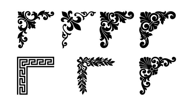 Vintage ornamental corner set, 7 black filigree frame elements, baroque and greek key decorative borders, floral scroll vector illustrations