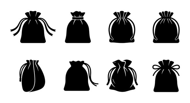 Drawstring pouch silhouette icons, black fabric bag set of 8 vector elements, jewelry gift sack and money bag collection for retail packaging