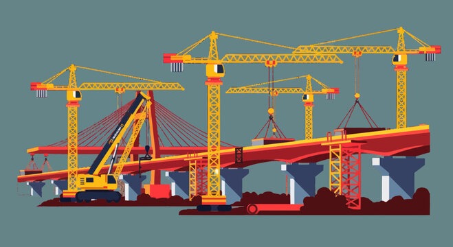 Bridge Construction Site with Cranes and Heavy Machinery