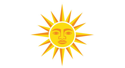 Stylized Sun Face Icon, Yellow and Orange Rays, White Background © Roni