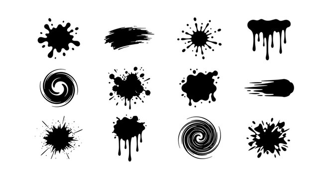 Grunge black ink splatters and paint drips, set of 12 vector brush strokes and liquid blobs, artistic spray stains and swirl elements for graphic design