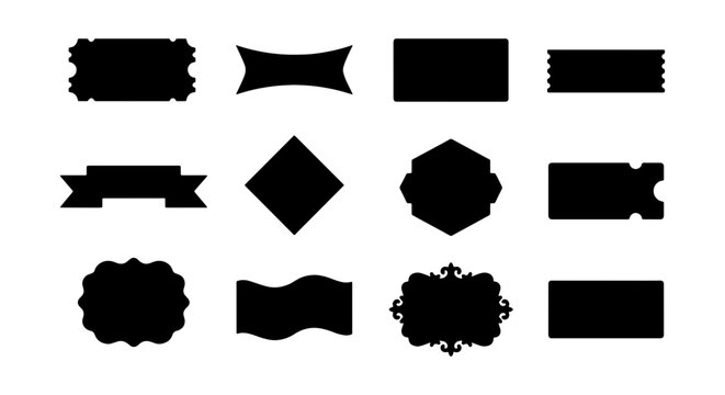 Vintage black frame silhouettes, set of 12 decorative label shapes, retro banner and badge vector elements for graphic design and branding