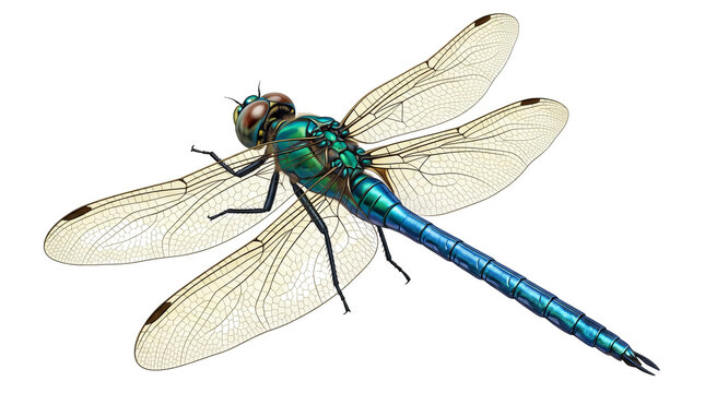 Close-up macro shot of vibrant green and blue dragonfly with transparent wings on white background