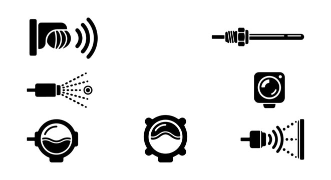 Industrial sensor icons set, black vector electronic measuring components, automation technology symbols for engineering and manufacturing