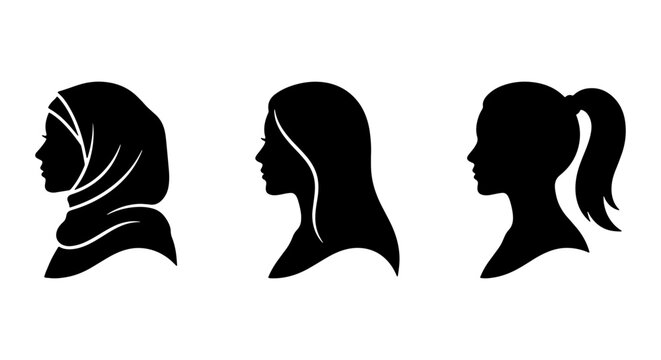 Diverse female profile silhouettes set, black woman head icons with hijab and ponytail, minimalist female avatar vector collection for web design