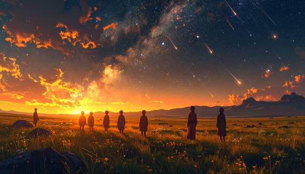 Silhouettes of children watching meteor shower over golden grassland at sunset