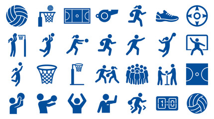 Collection of blue sports icons depicting netball and basketball games, players, equipment, and court markings for athletic concepts and design © Iconique Studio