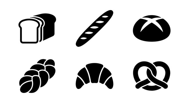 Bakery bread icons set, black minimalist silhouettes of loaf, baguette, croissant and pretzel, 6 vector food elements for menu design