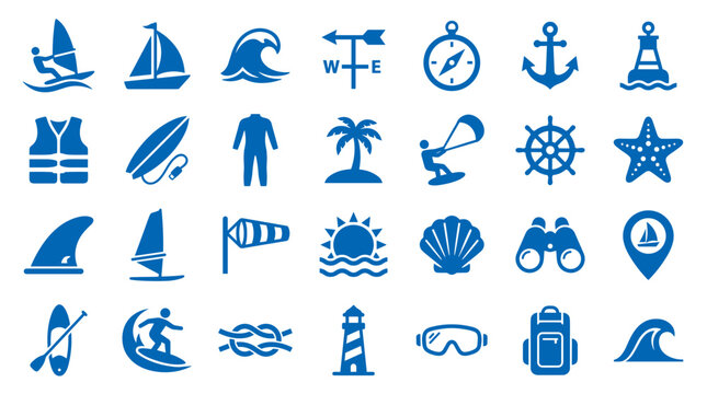 Collection of blue nautical and water sports icons representing sailing windsurfing surfing and beach activities on a white background