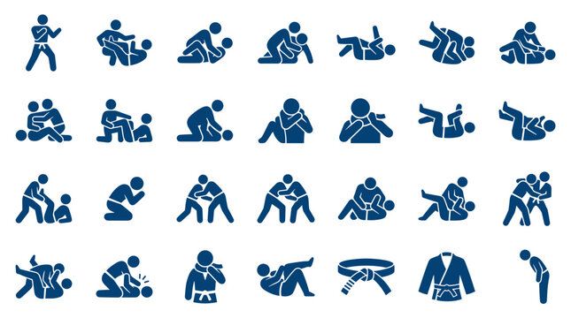 Collection of blue martial arts icons depicting grappling techniques, training, and equipment like gis and belts, representing combat sports and discipline
