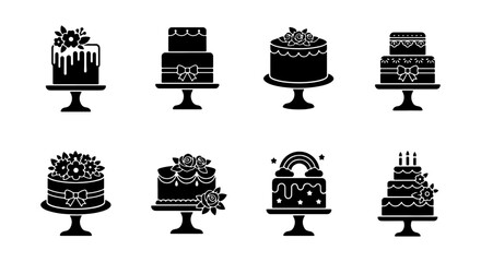 Black cake icons set, silhouette wedding cake collection with 8 vector elements, tiered birthday cakes on stands with flowers and rainbow © Lubna