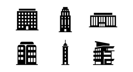 Naklejka premium Modern building icons set, black silhouette skyscraper and office architecture collection, 6 urban city construction vector elements for maps