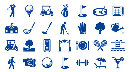 Collection of blue golf icons representing various aspects of the sport and leisure activities associated with it