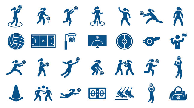 Collection of blue netball and basketball icons representing players actions equipment and court elements for sports graphics and design