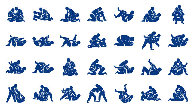Grappling Combat Sports Silhouettes Collection Demonstrating Various Holds and Techniques on White Background
