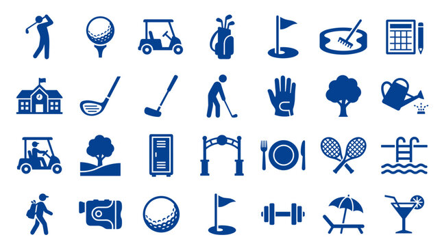 Collection of blue golf icons representing various aspects of the sport and leisure activities associated with it