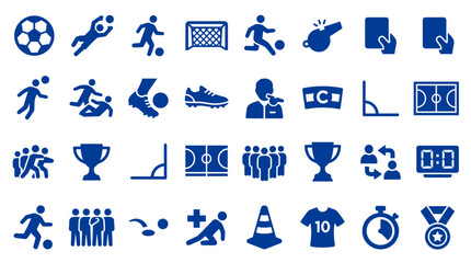 Fototapeta premium Collection of blue soccer icons representing various aspects of the sport including players, equipment, field, and game elements on a white background