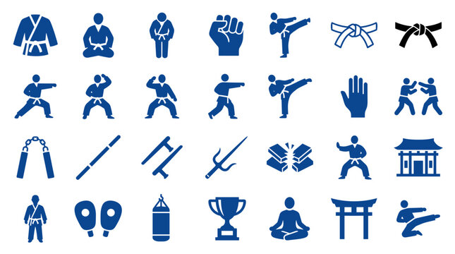 Collection of blue martial arts and combat sports icons representing various disciplines training and equipment for active lifestyle and healthy recreation