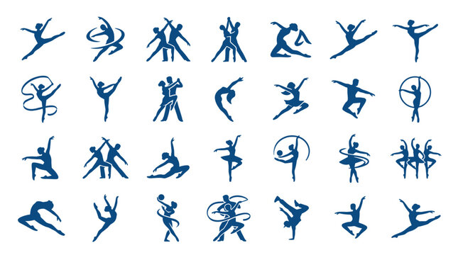 Collection of diverse ballet and dance poses silhouettes representing grace movement and artistic expression