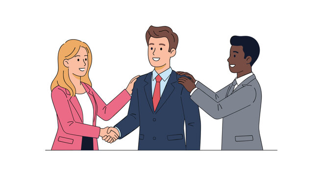 A professional woman in a vibrant pink blazer shakes hands with a smiling man in a navy suit while a colleague in a grey suit offers support.
