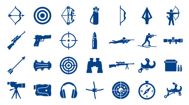 Collection of blue hunting and shooting sport icons representing archery firearms and targets for outdoor recreation and competition