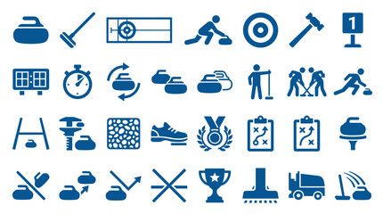 Collection of curling sport icons and symbols representing game elements equipment players and actions on ice for sports design and infographics © Iconique Studio