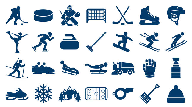 Collection of winter sports icons and symbols representing various athletic activities and equipment used in cold weather recreation and competition