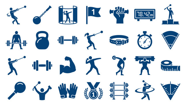 Collection of athletic sports icons representing track and field events weightlifting and fitness training equipment