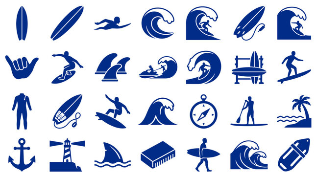 Collection of blue surfing and water sports icons on white background representing ocean activities and beach lifestyle