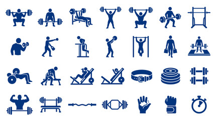 Fototapeta premium Collection of blue fitness icons representing weightlifting exercises gym equipment and bodybuilders for a healthy lifestyle and workout concept