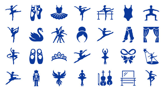 Collection of ballet icons and symbols representing dance art, performance, and elegance in blue on a white background