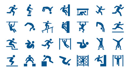 Collection of blue athletic icons representing various sports and fitness activities like running jumping gymnastics and parkour on a white background © Iconique Studio