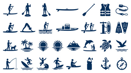 Obraz premium Collection of water sports and outdoor activity icons representing healthy lifestyle and summer recreation