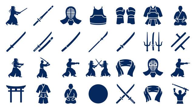 Collection of Japanese martial arts symbols and equipment icons representing samurai culture and combat sports training