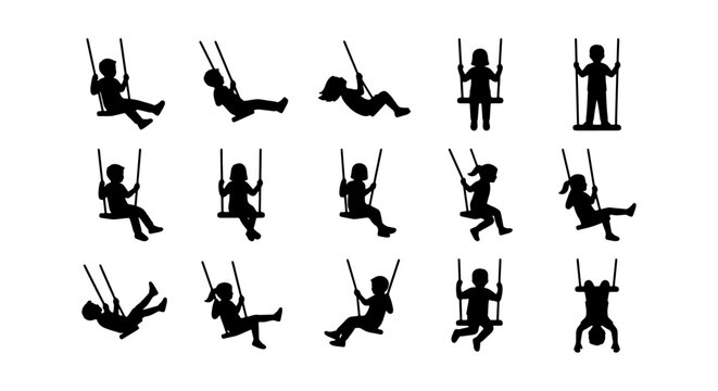 Children swinging silhouette set, 15 black vector icons of kids playing on swings, playground activity silhouettes for park and childhood designs