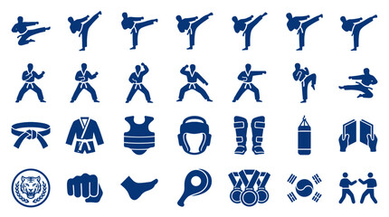 Collection of martial arts icons and symbols representing karate taekwondo and other combat sports with training equipment and action poses © Iconique Studio