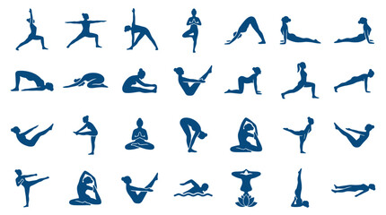 Fototapeta premium Diverse collection of blue yoga poses and fitness silhouettes representing healthy lifestyle and wellness activities