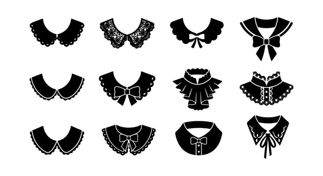 Vintage detachable collar icons set, black lace and ruffle necklines with bows, 12 vector fashion garment elements for apparel design