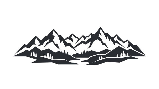 A stylized black and white graphic illustration of a mountain range with pine trees and a river.