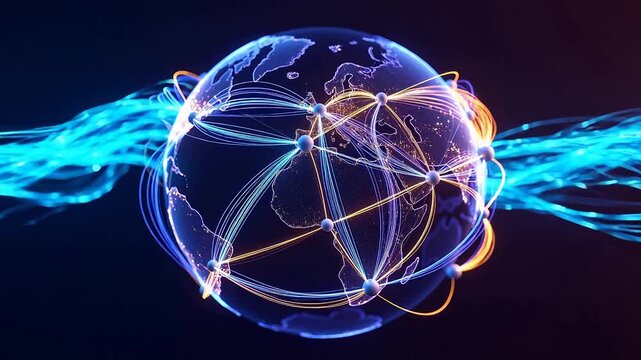 Digital globe world map with fiber optic lines connecting continents technology network global communication internet connectivity business data transfer futuristic digital earth