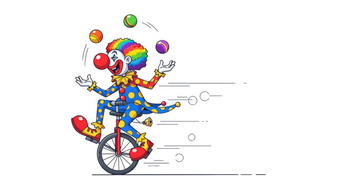 Happy Clown Juggling Balls While Riding a Unicycle