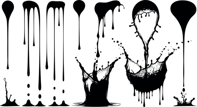 Set of black liquid drips teardrop shapes and high impact splash silhouettes with vertical collection silhouette isolated dripping abstract viscosity