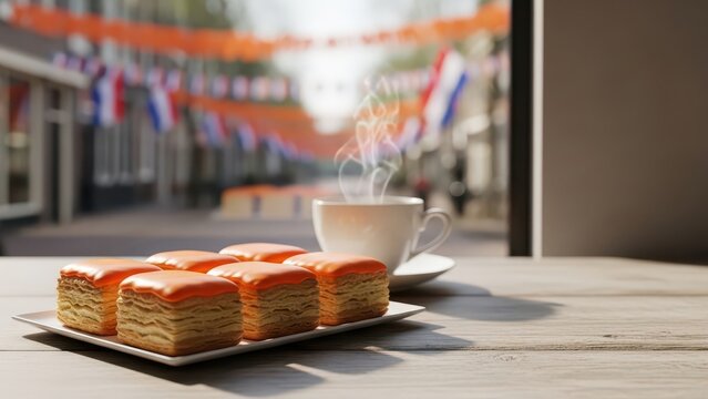 Dutch King's Day Celebration with Orange Tompouce Pastry and Hot Coffee
