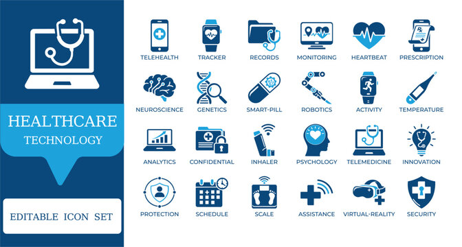 Healthcare Technology and Digital Health Icons. Featuring telemedicine, wearable trackers, neurotech, and medical robotics. Editable vector set for health apps and hospital reports