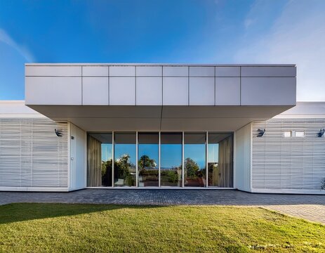 symmetrical modern architecture exterior with white fa ade and windows on sunny day