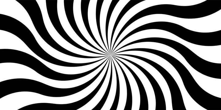 Abstract black and white hypnotic spiral background with radial wavy lines. Dynamic optical illusion vector illustration for psychedelic themes, creative posters, and modern graphic design layouts.