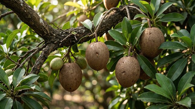 Lush sapodilla tree branch brimming with ripening brown fruits and vibrant green leaves, bathed in natural light, symbolizing bountiful organic harvest and wholesome growth