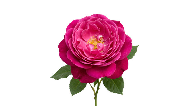 Close-up of vibrant pink cabbage rose with dew drops in soft natural light, isolated on white background