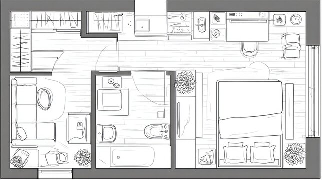 Detailed architectural floor plan sketch illustrating a compact living space layout