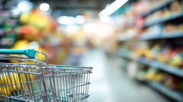 Metal shopping cart basket positioned in the foreground of a brightly lit retail aisle with blurred products on shelves